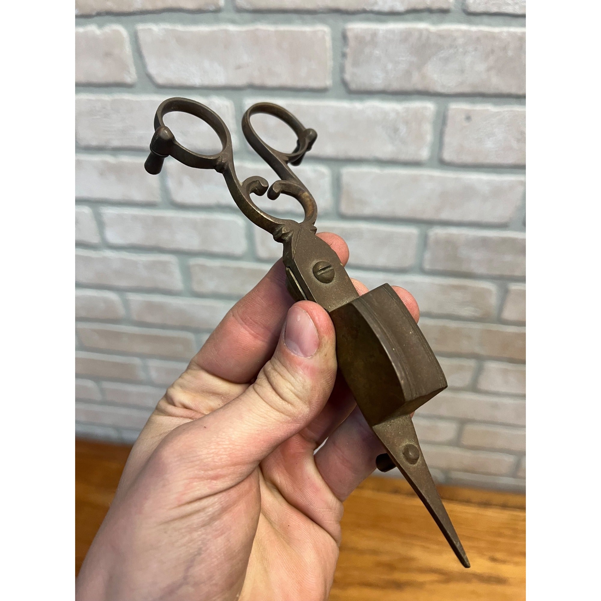 Antique Primitive 19th c. Brass Candle Snuffer Scissors Footed 6.75" Victorian