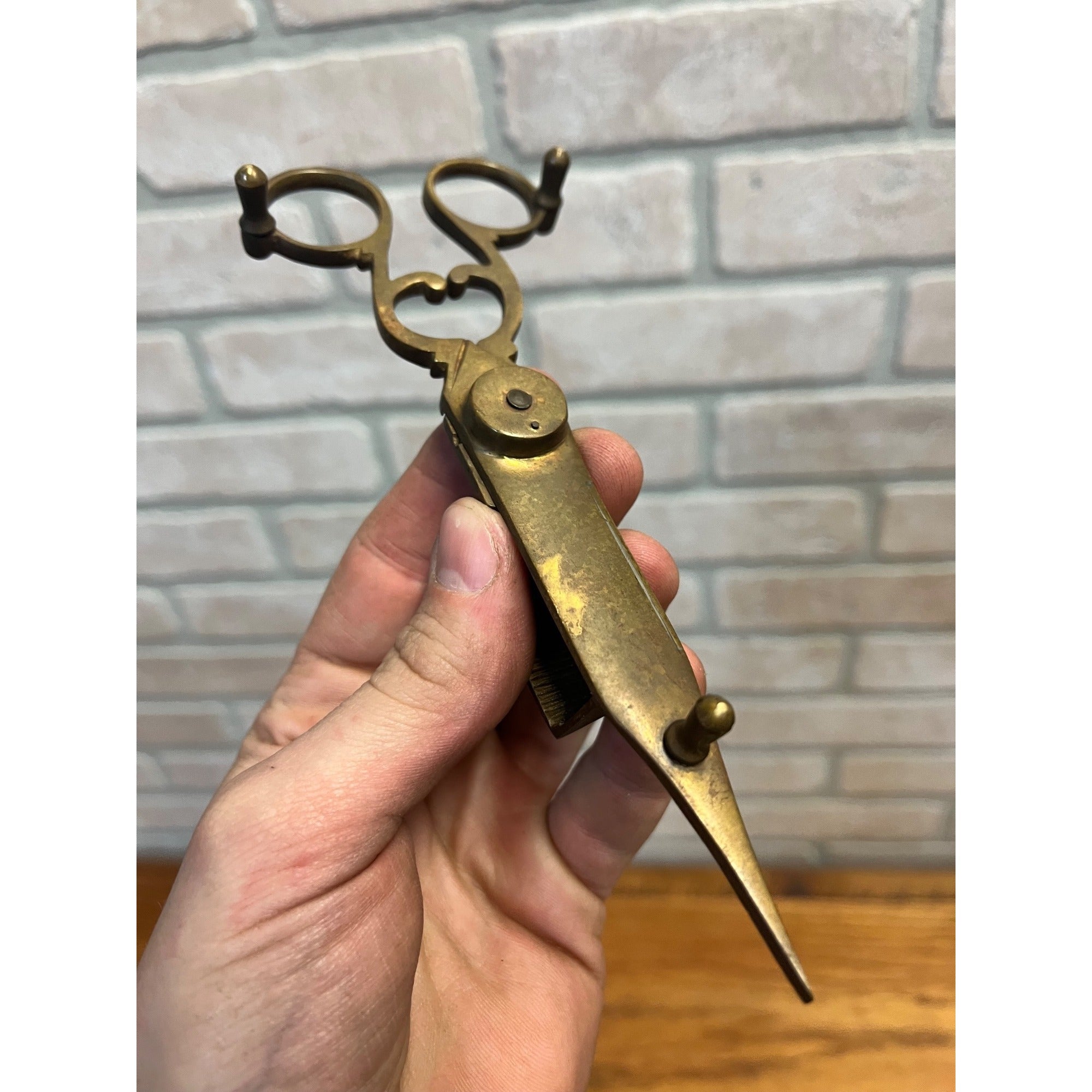 Antique Primitive 19th c. Brass Candle Snuffer Scissors Footed 6.75" Victorian