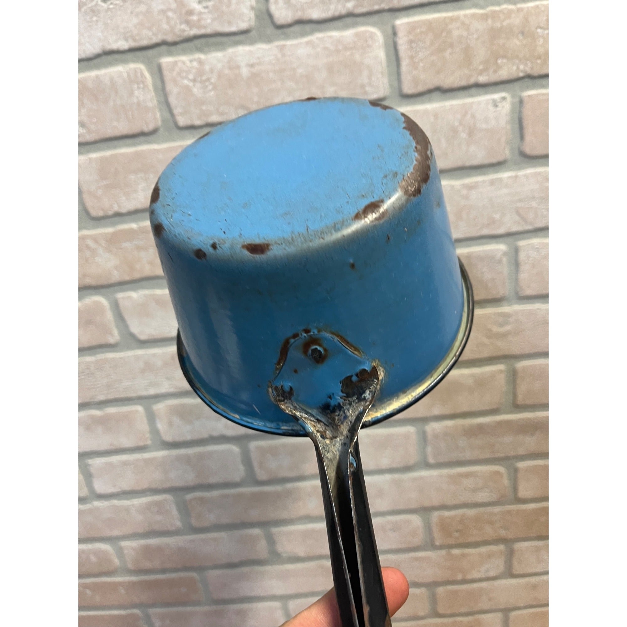 Antique Primitive Enamelware Blue Ladle or Sauce Pan Farmhouse Decor