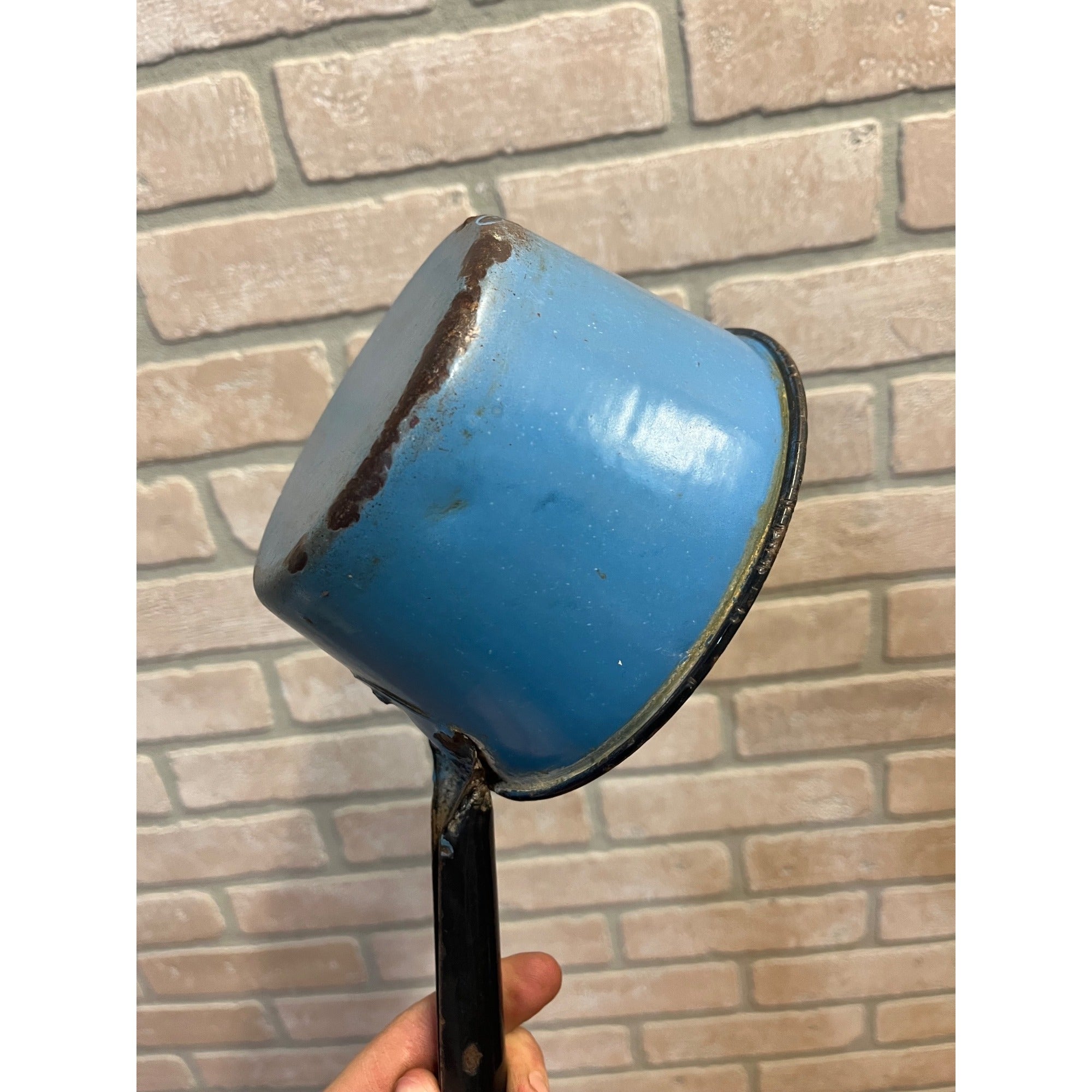 Antique Primitive Enamelware Blue Ladle or Sauce Pan Farmhouse Decor