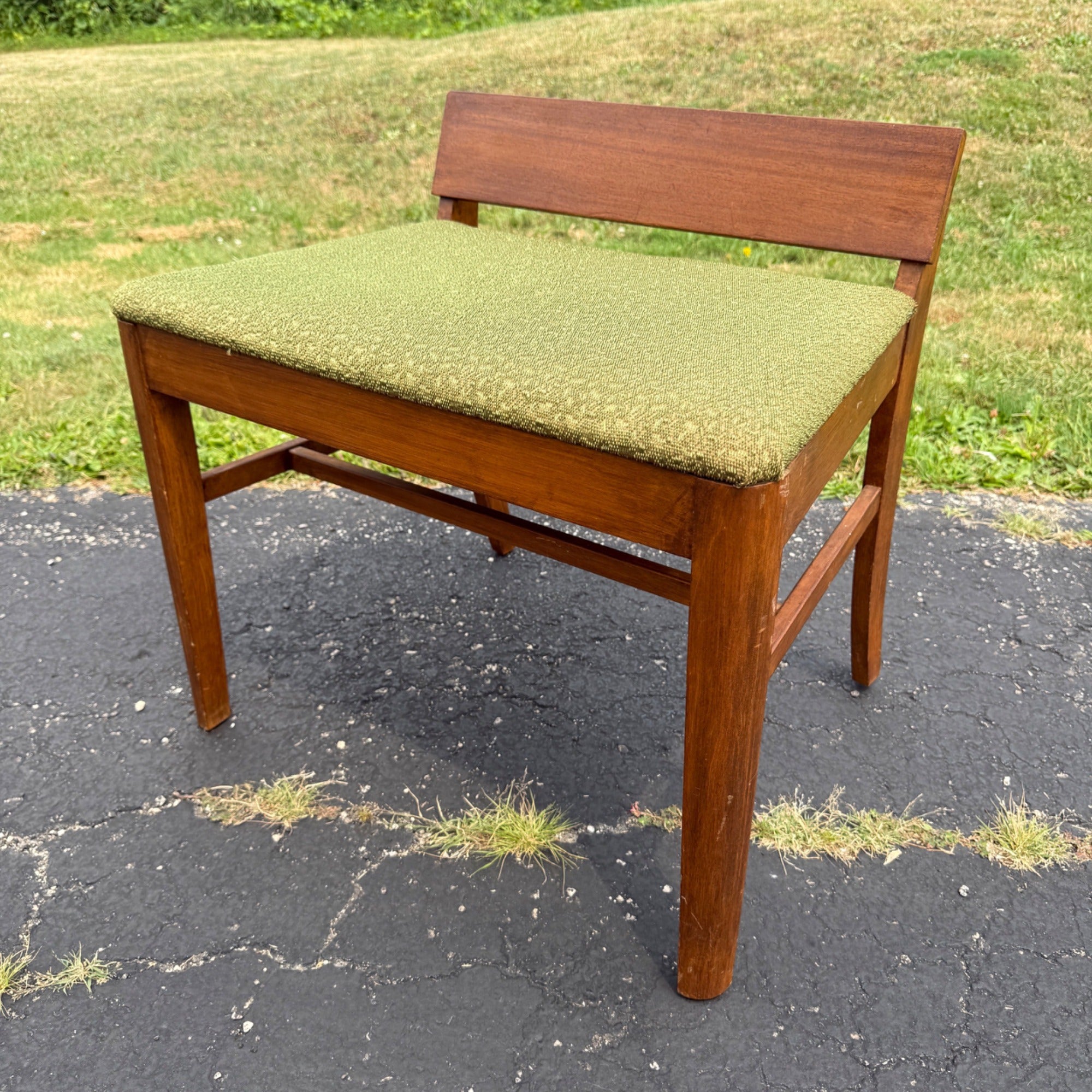 Vintage 1950s Mid-Century Modern MCM Conversation Bench Walnut Green Entryway Hall