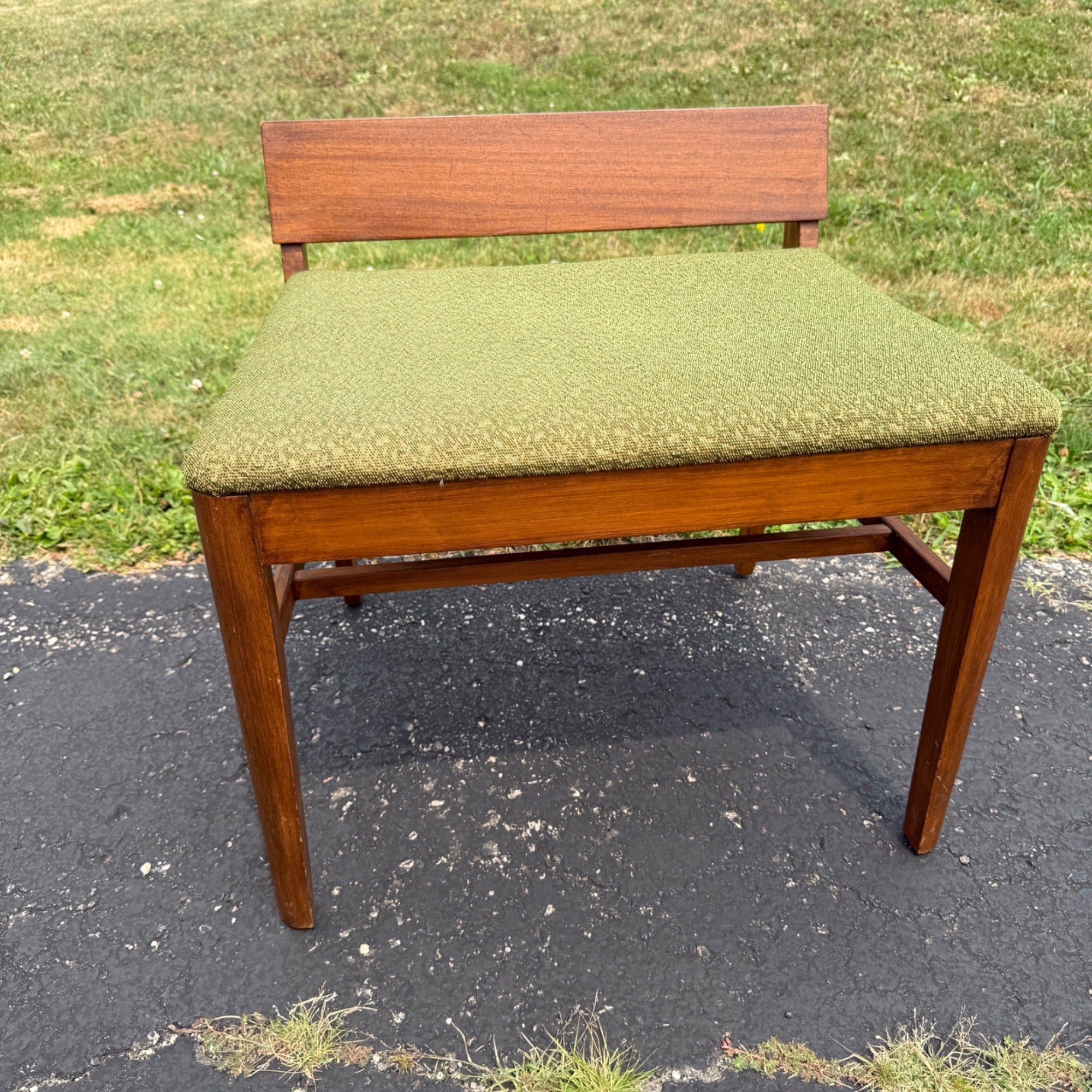Vintage 1950s Mid-Century Modern MCM Conversation Bench Walnut Green Entryway Hall