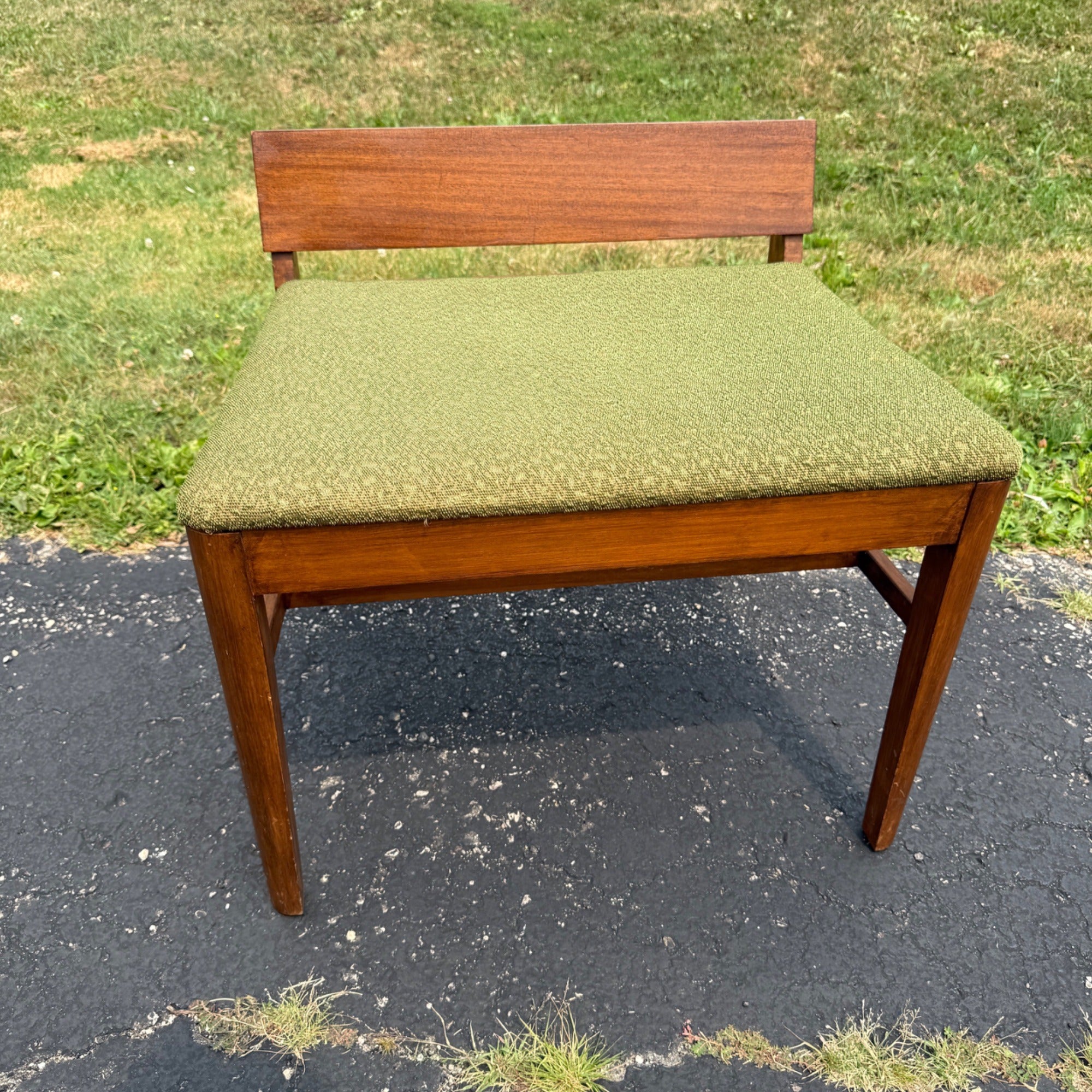 Vintage 1950s Mid-Century Modern MCM Conversation Bench Walnut Green Entryway Hall