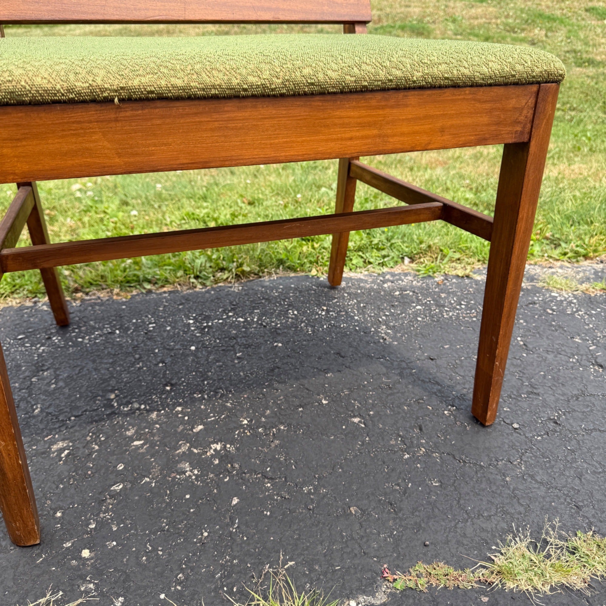Vintage 1950s Mid-Century Modern MCM Conversation Bench Walnut Green Entryway Hall