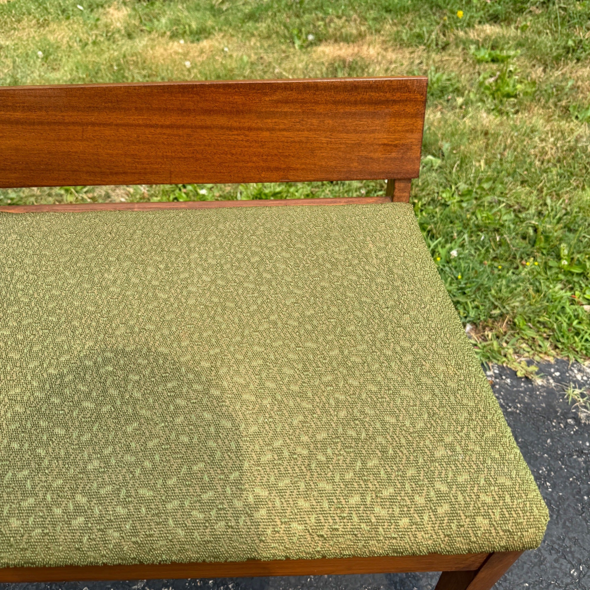 Vintage 1950s Mid-Century Modern MCM Conversation Bench Walnut Green Entryway Hall