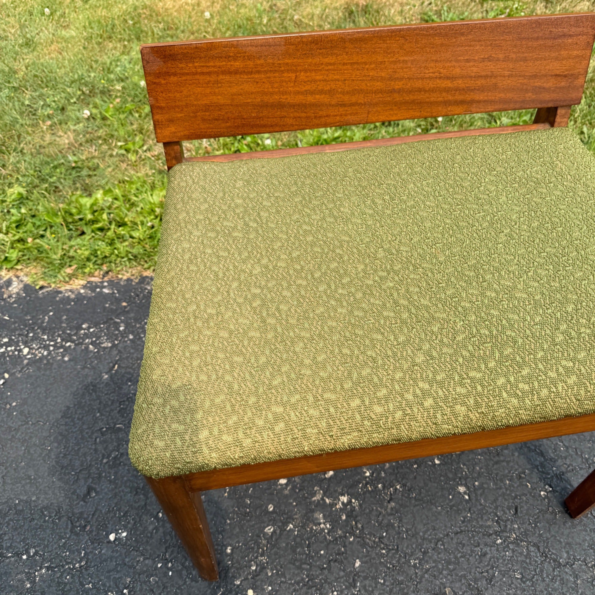 Vintage 1950s Mid-Century Modern MCM Conversation Bench Walnut Green Entryway Hall