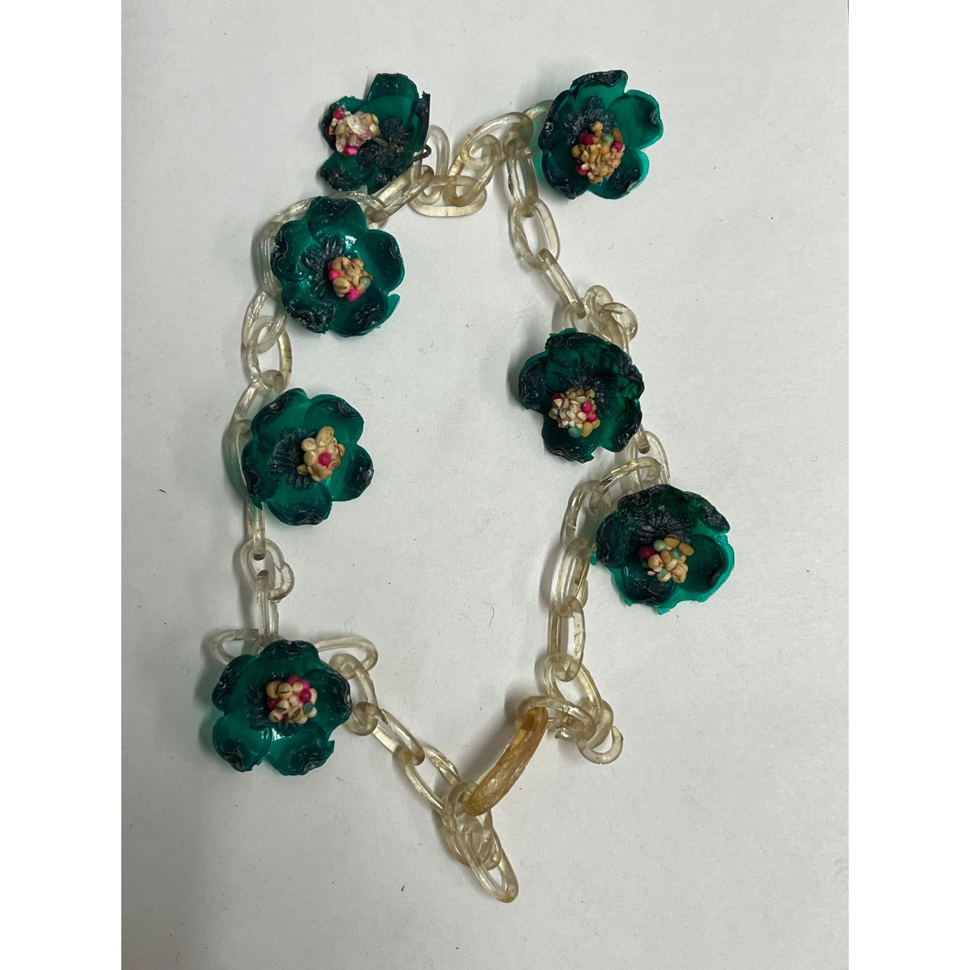 Vintage Early Old Plastic Child's Green Floral Flower Bracelet - Handmade?