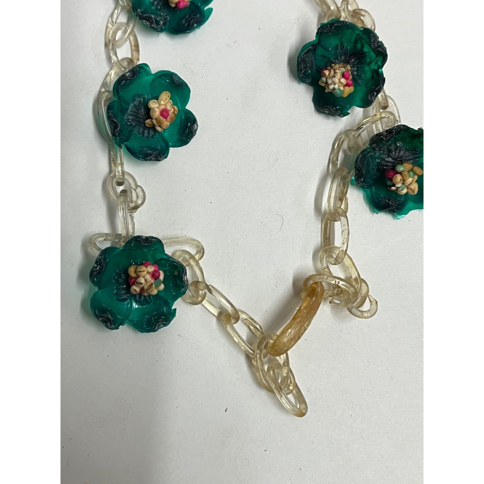 Vintage Early Old Plastic Child's Green Floral Flower Bracelet - Handmade?