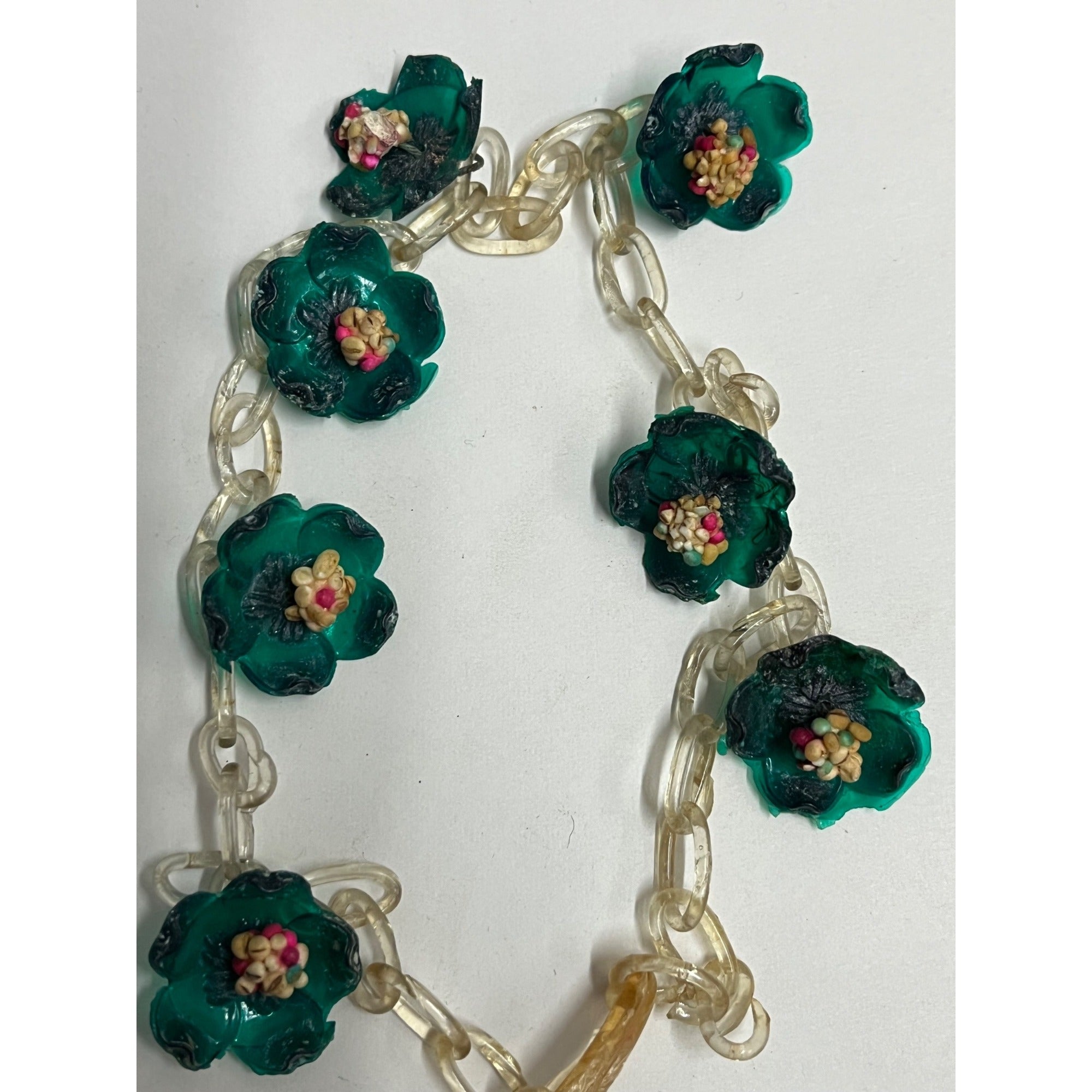 Vintage Early Old Plastic Child's Green Floral Flower Bracelet - Handmade?