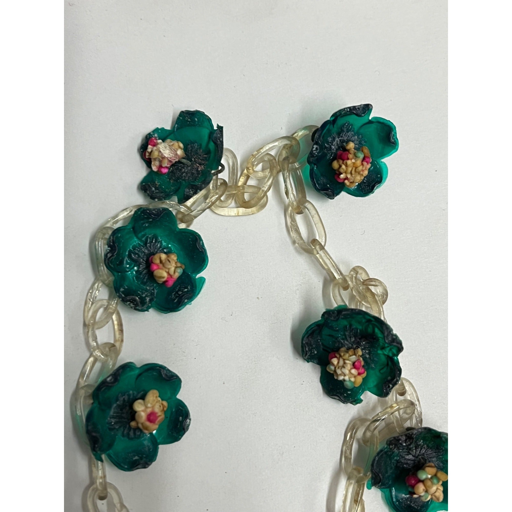 Vintage Early Old Plastic Child's Green Floral Flower Bracelet - Handmade?