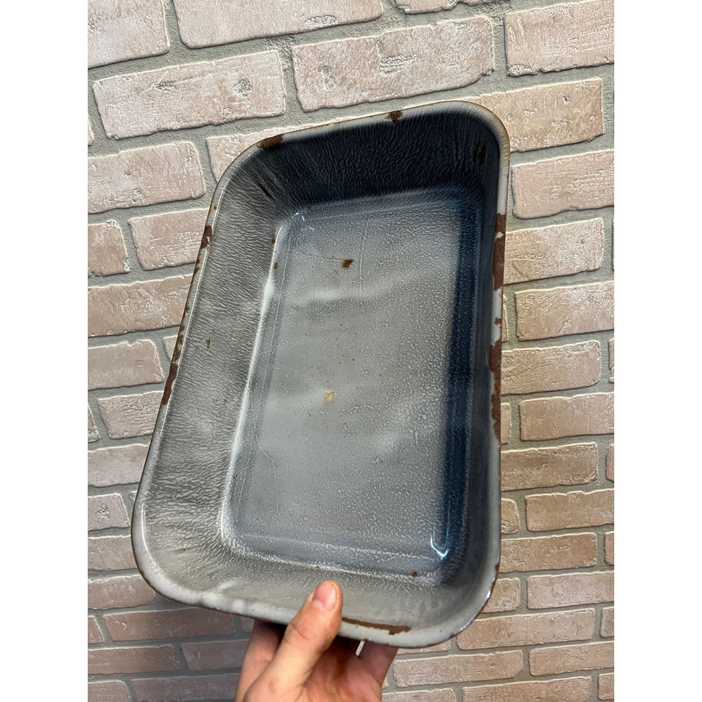 Antique Primitive Graniteware Enamelware Handled Gray Baking Dish/ Deep Casserole Pan/ Farmhouse/ Kitchen Decor, Grey
