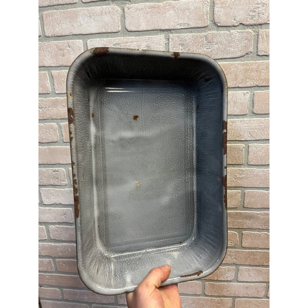 Antique Primitive Graniteware Enamelware Handled Gray Baking Dish/ Deep Casserole Pan/ Farmhouse/ Kitchen Decor, Grey