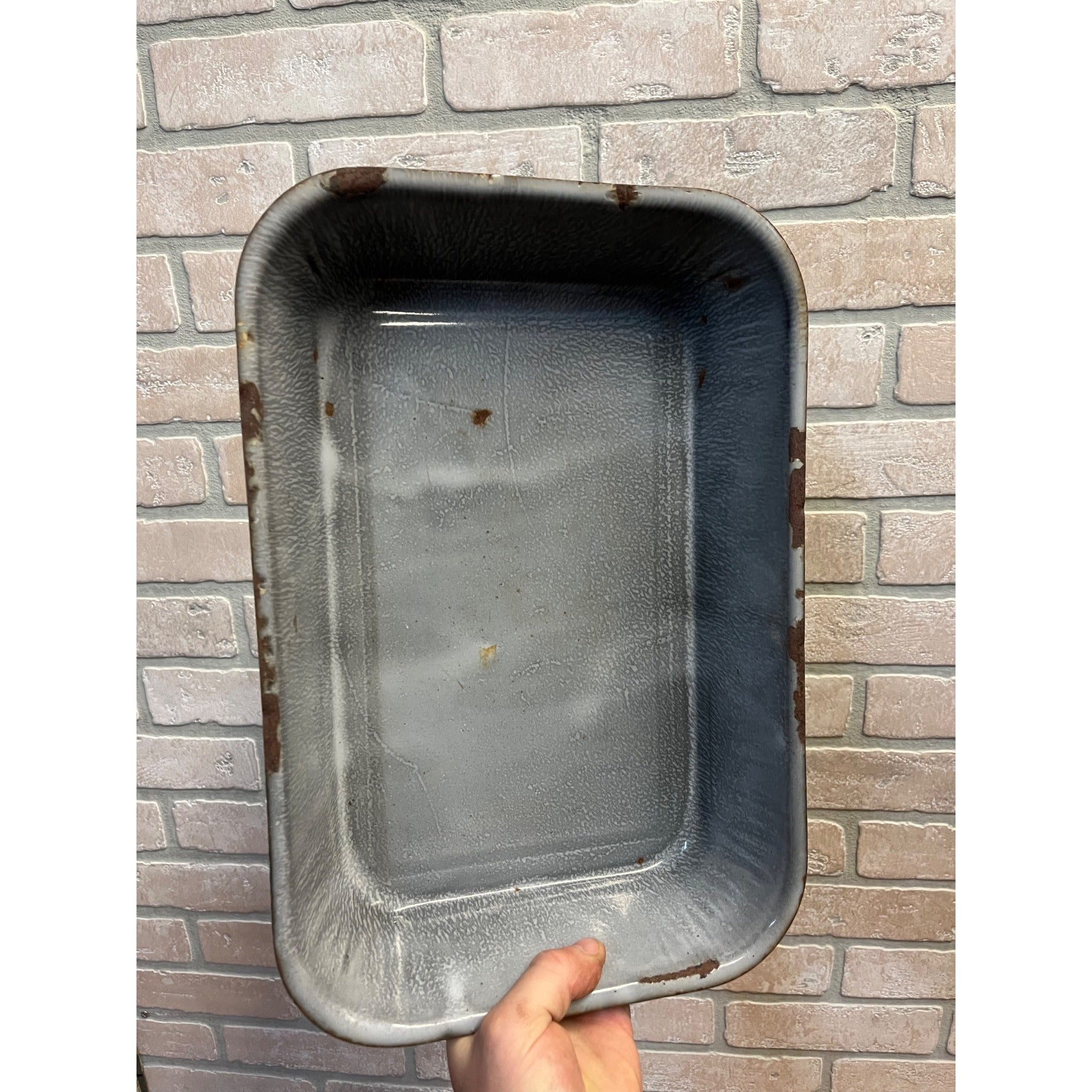 Antique Primitive Graniteware Enamelware Handled Gray Baking Dish/ Deep Casserole Pan/ Farmhouse/ Kitchen Decor, Grey