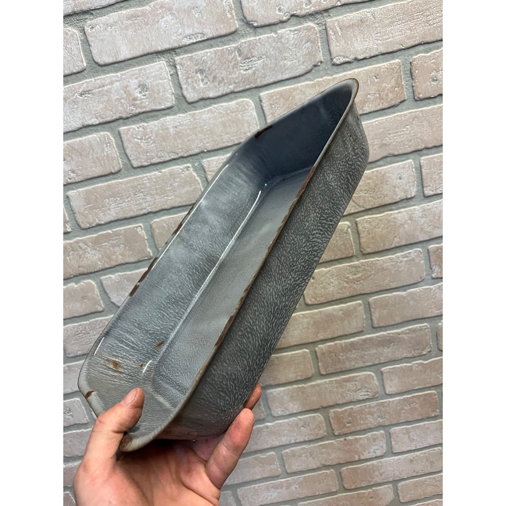Antique Primitive Graniteware Enamelware Handled Gray Baking Dish/ Deep Casserole Pan/ Farmhouse/ Kitchen Decor, Grey