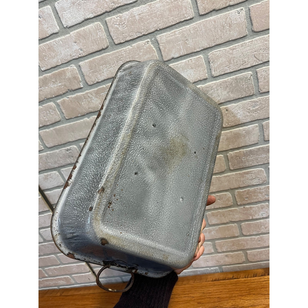 Antique Primitive Graniteware Enamelware Handled Gray Baking Dish/ Deep Casserole Pan/ Farmhouse/ Kitchen Decor, Grey
