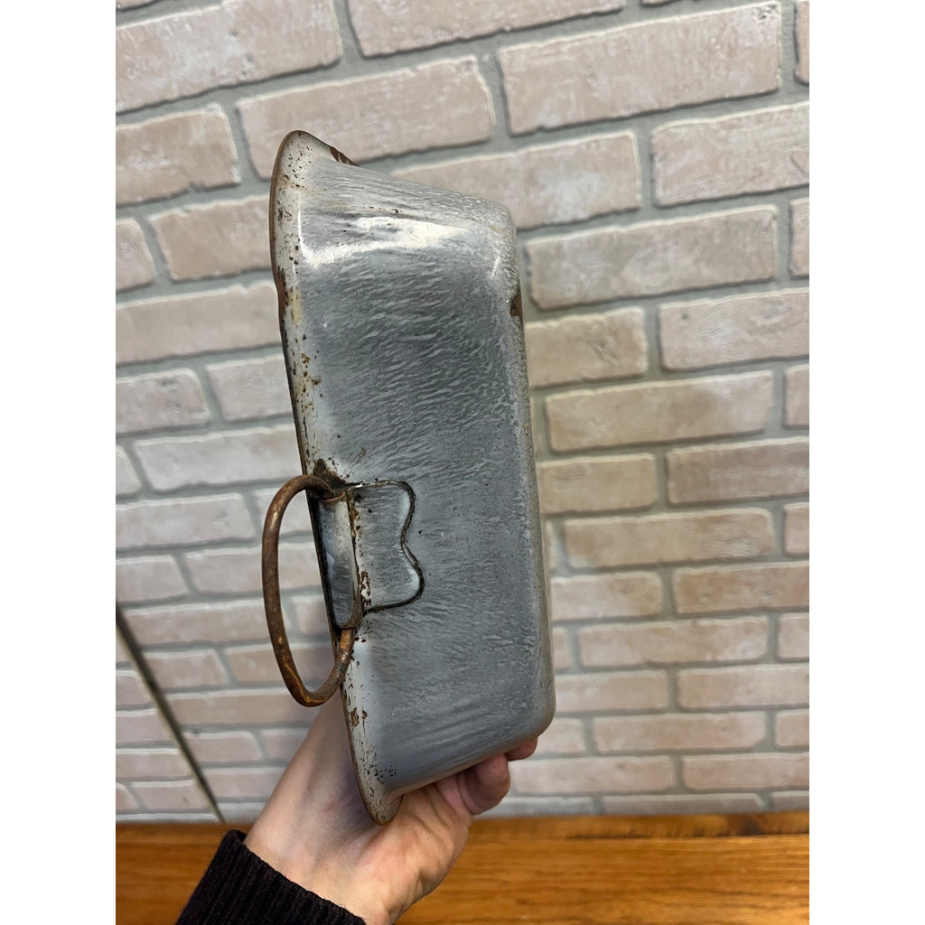 Antique Primitive Graniteware Enamelware Handled Gray Baking Dish/ Deep Casserole Pan/ Farmhouse/ Kitchen Decor, Grey
