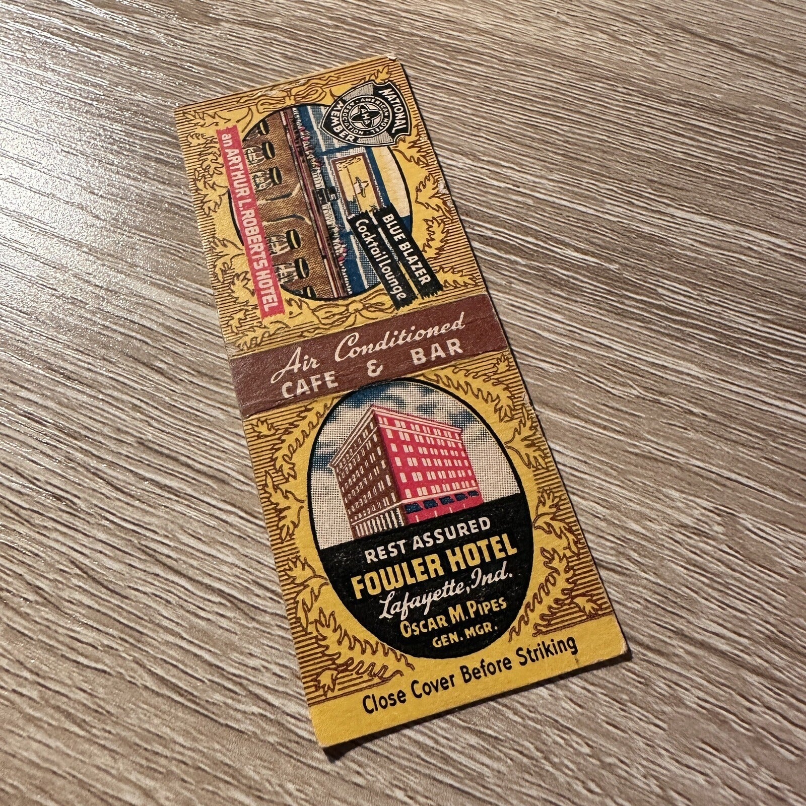 Vintage Fowler Hotel Layfayette Indiana Arthur Roberts Advertising Matchbook