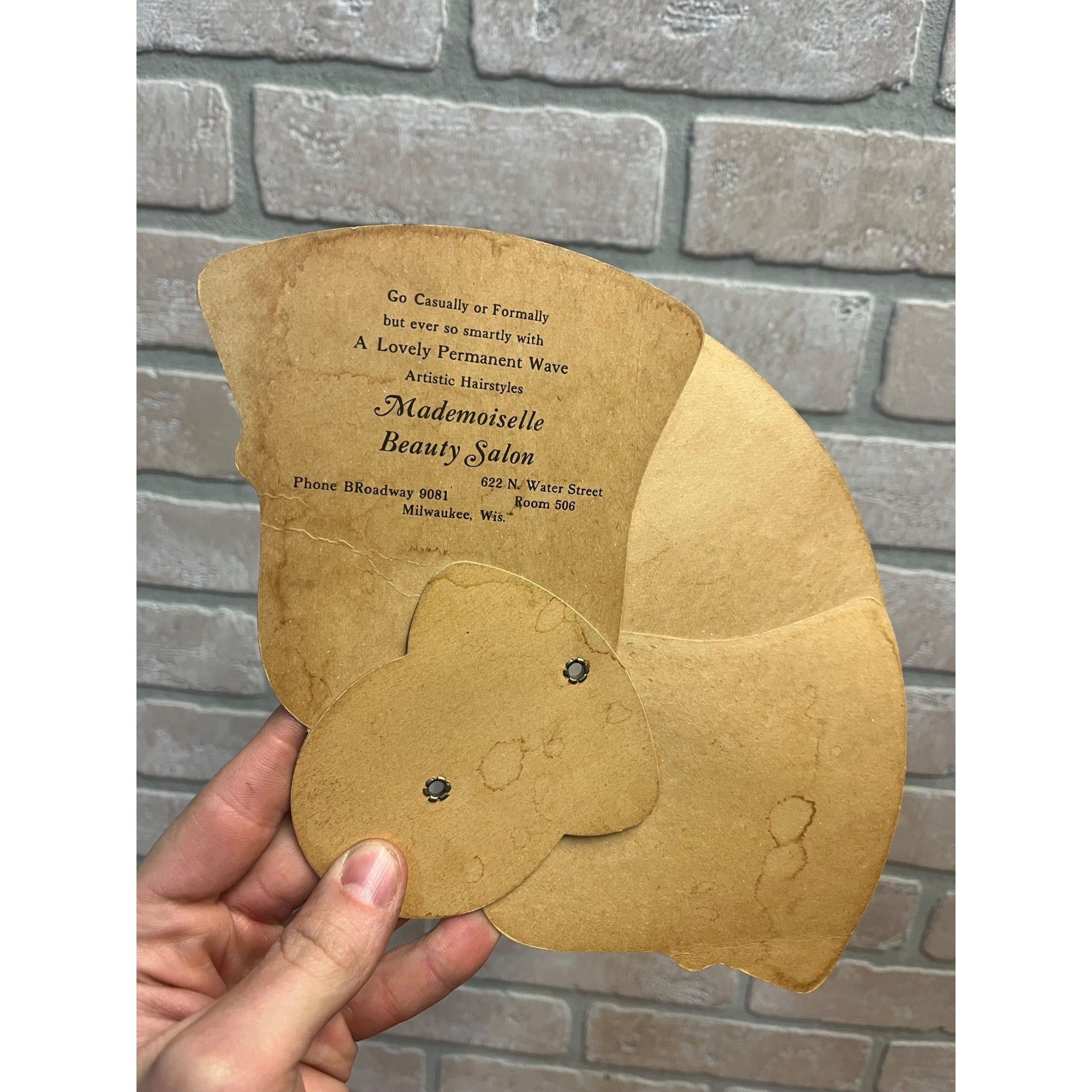 Vintage Mademoiselle Beauty Salon Advertising Tri-Fold Hand Fan Milwaukee WI WIs