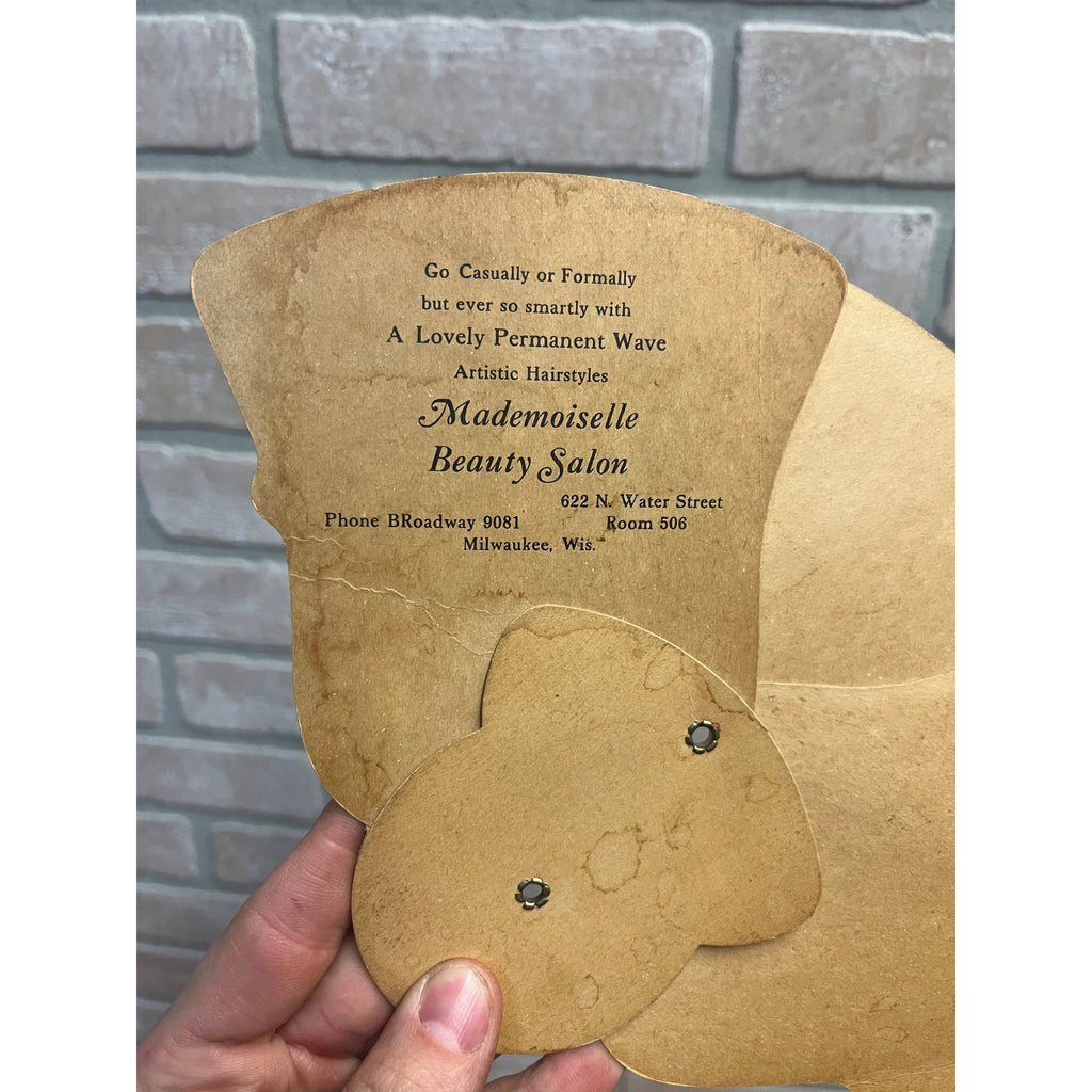 Vintage Mademoiselle Beauty Salon Advertising Tri-Fold Hand Fan Milwaukee WI WIs