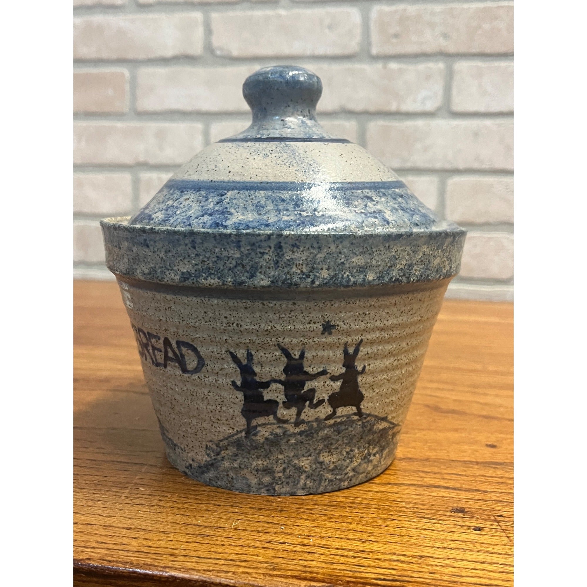 Primitive Style Stoneware Bread Lidded Jar Bowl Sugarcamp Pottery Rabbits