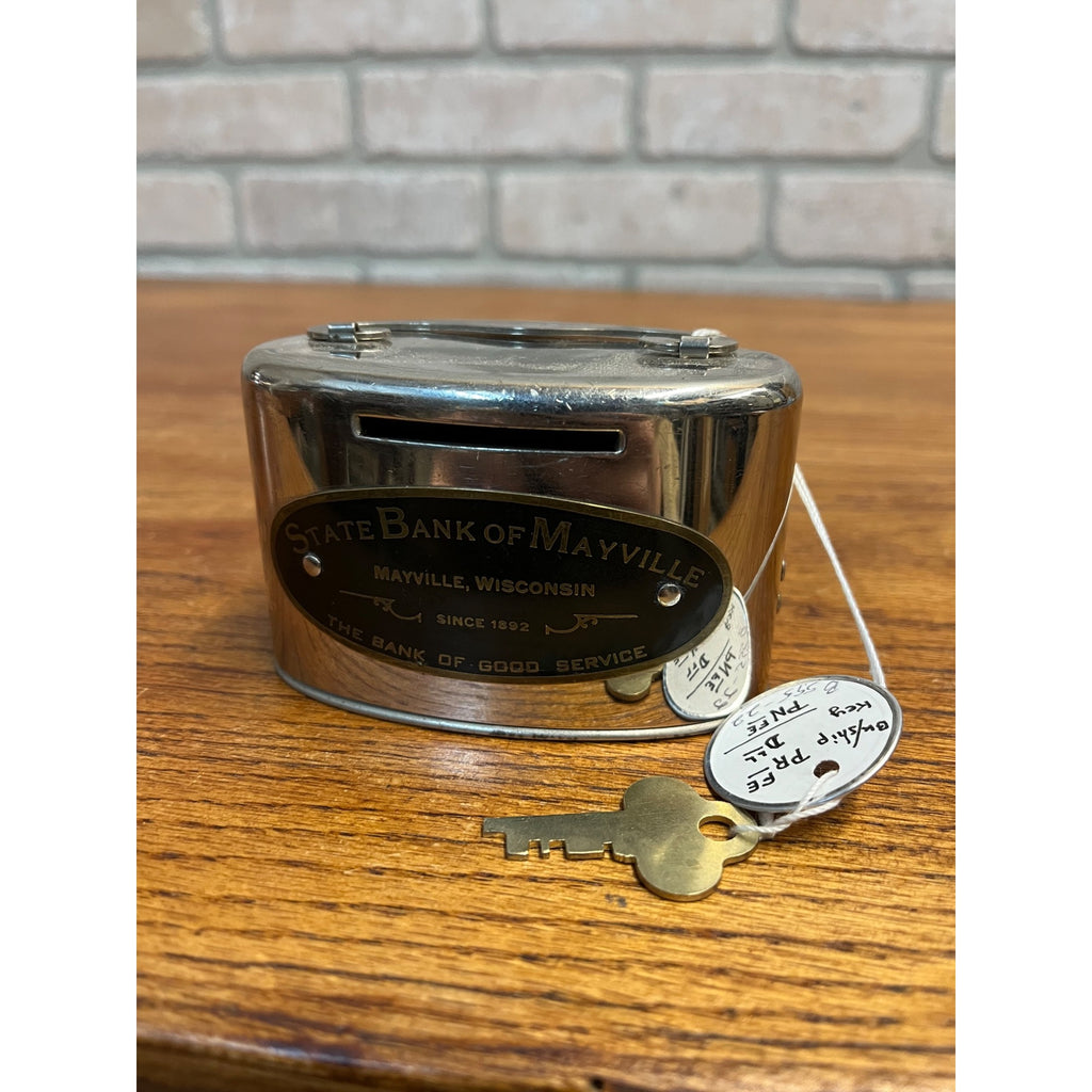 Vintage State Bank of Mayville Metal Coin Bank w/ Key -Mayville Wis WI Wisconsin