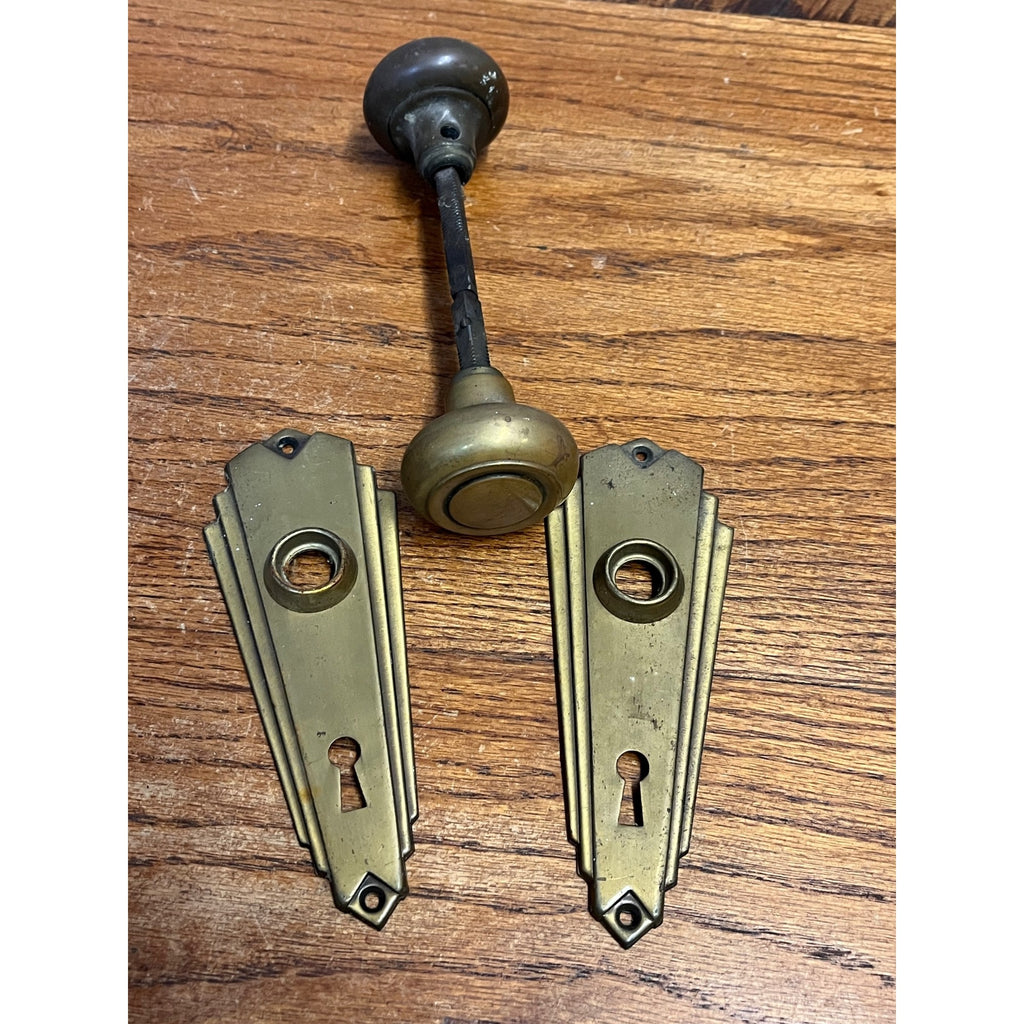 Antique Vintage Art Deco Brass Door Plates & Door Knob Set 2"