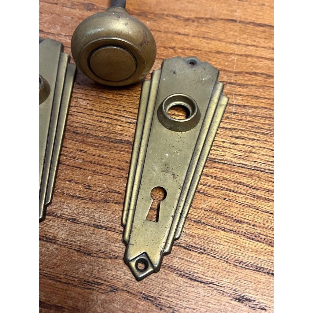 Antique Vintage Art Deco Brass Door Plates & Door Knob Set 2"