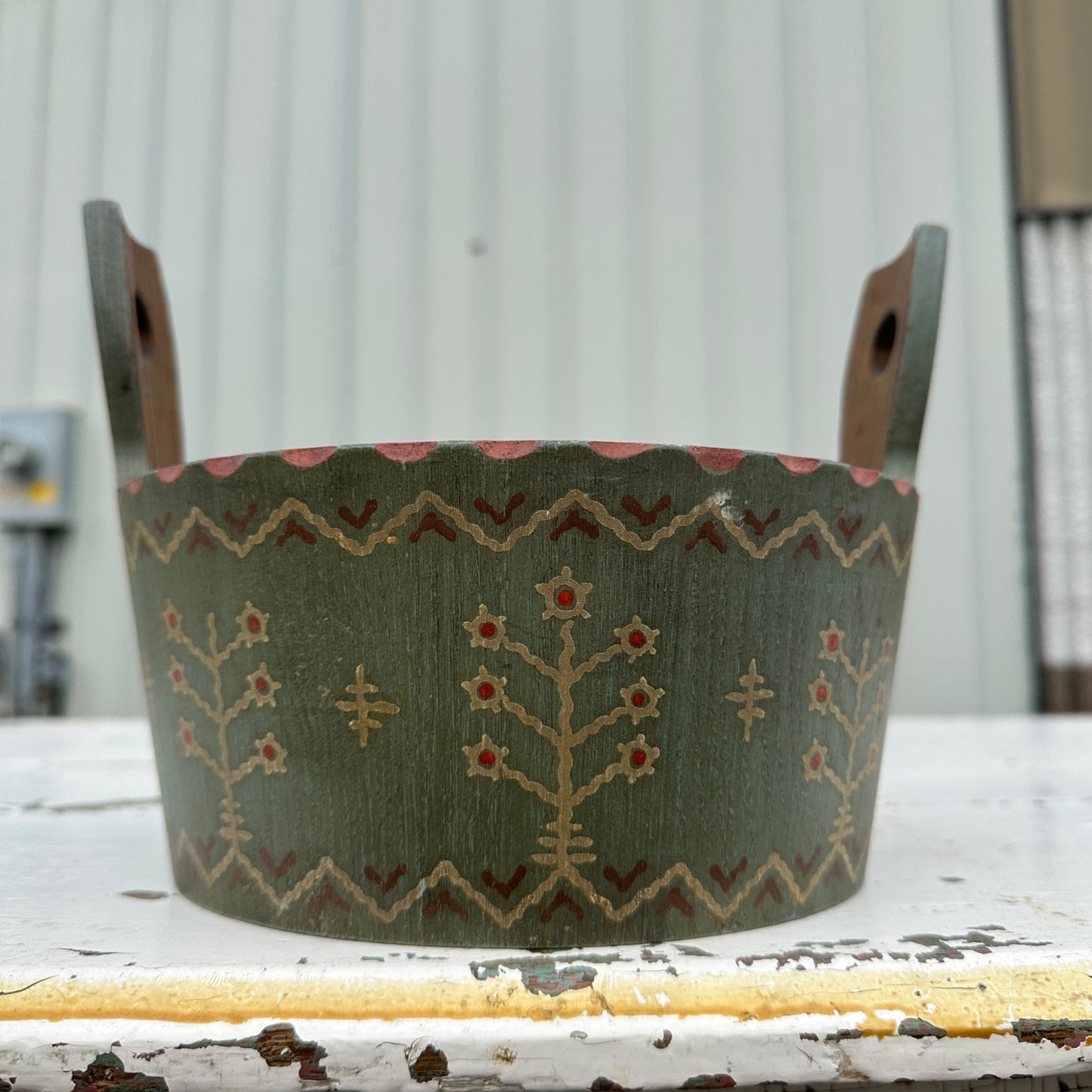 ANRI 1960s Wooden Bucket Painted Primitive Country Folky Green