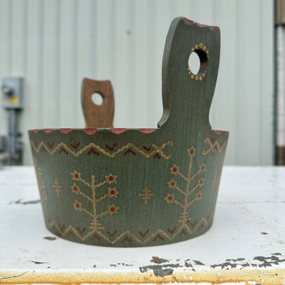 ANRI 1960s Wooden Bucket Painted Primitive Country Folky Green