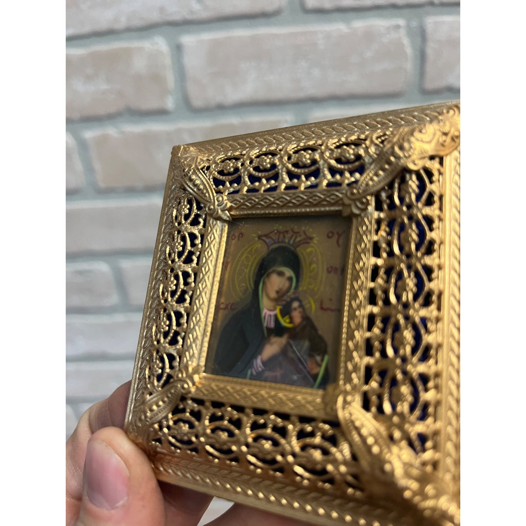 Vintage Ornate Gold Gilt Metal Framed Madonna & Child Reverse Painted Glass Icon