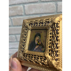 Vintage Ornate Gold Gilt Metal Framed Madonna & Child Reverse Painted Glass Icon