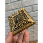 Vintage Ornate Gold Gilt Metal Framed Madonna & Child Reverse Painted Glass Icon