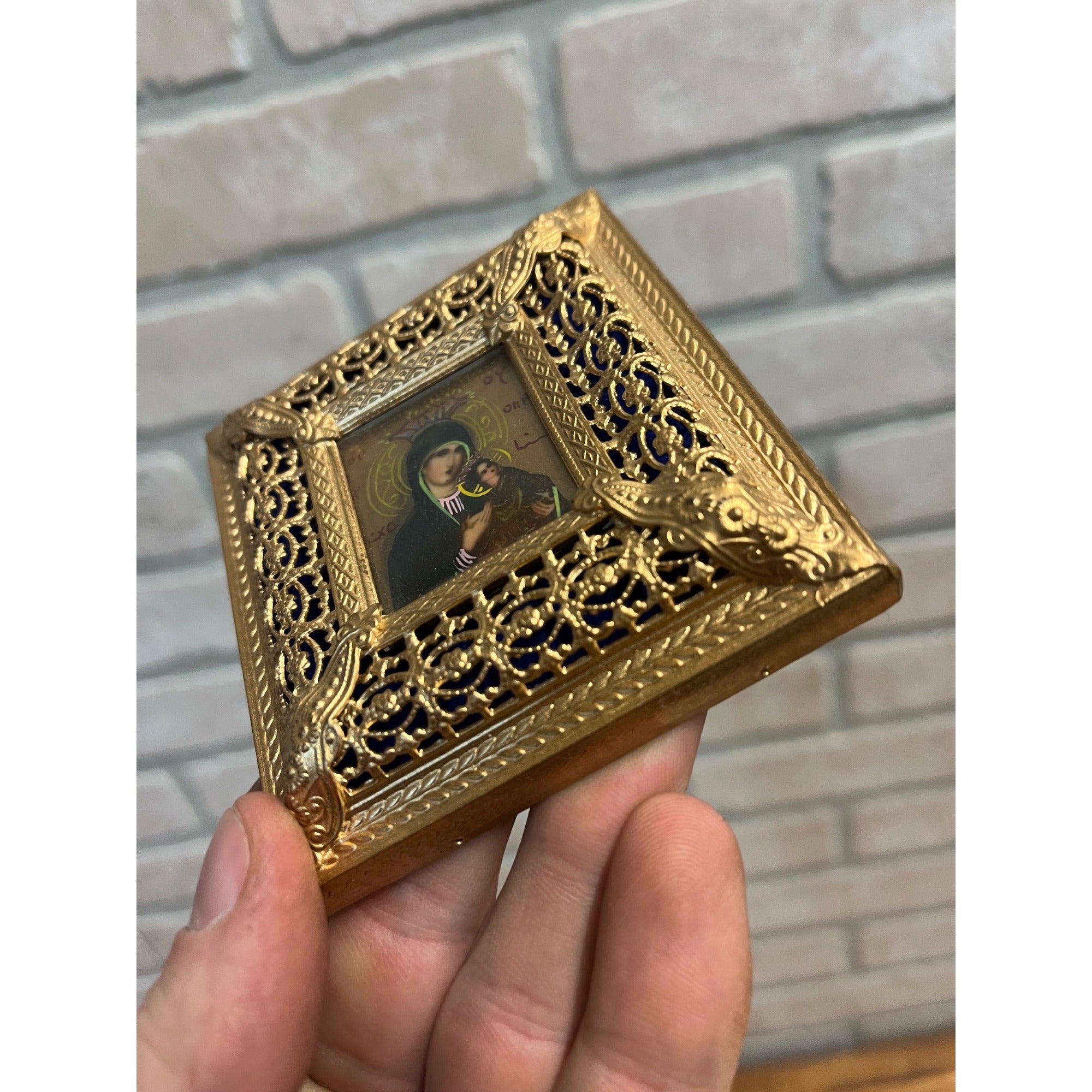 Vintage Ornate Gold Gilt Metal Framed Madonna & Child Reverse Painted Glass Icon