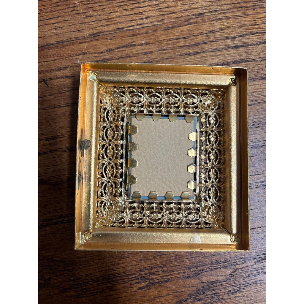 Vintage Ornate Gold Gilt Metal Framed Madonna & Child Reverse Painted Glass Icon