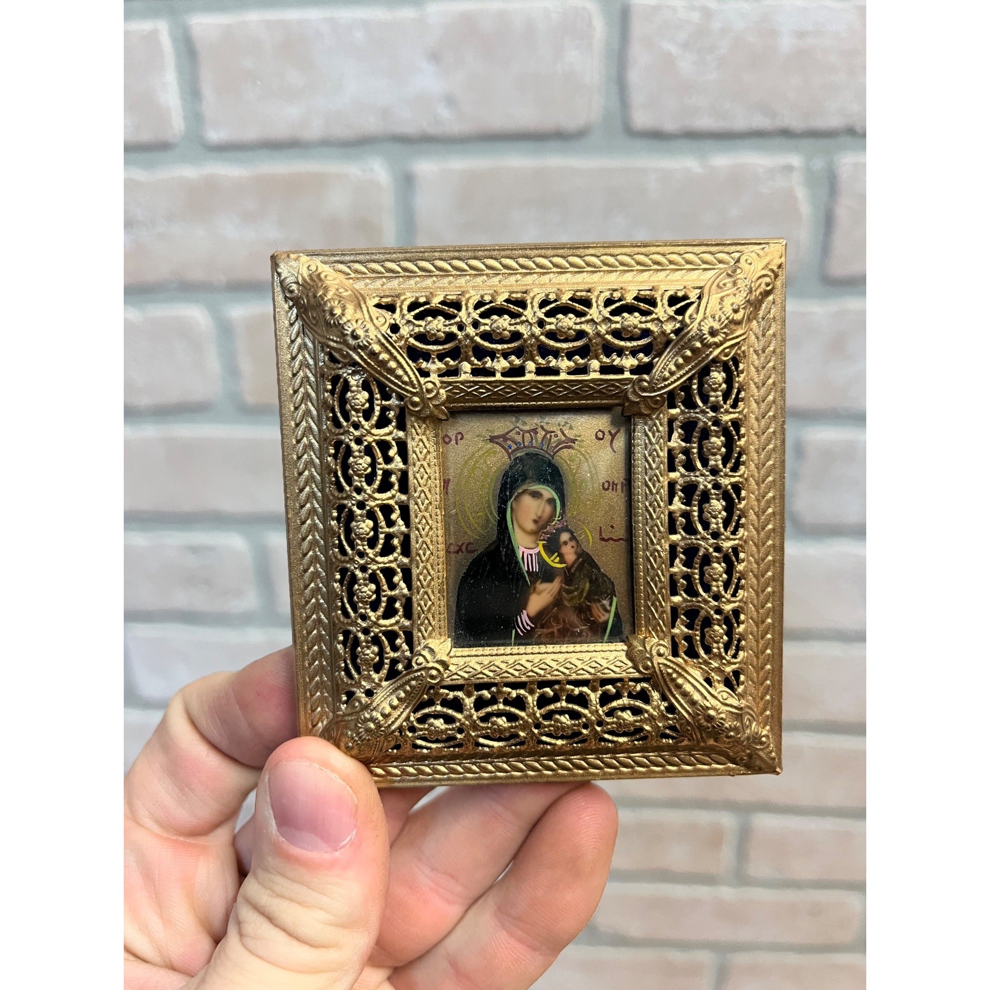 Vintage Ornate Gold Gilt Metal Framed Madonna & Child Reverse Painted Glass Icon