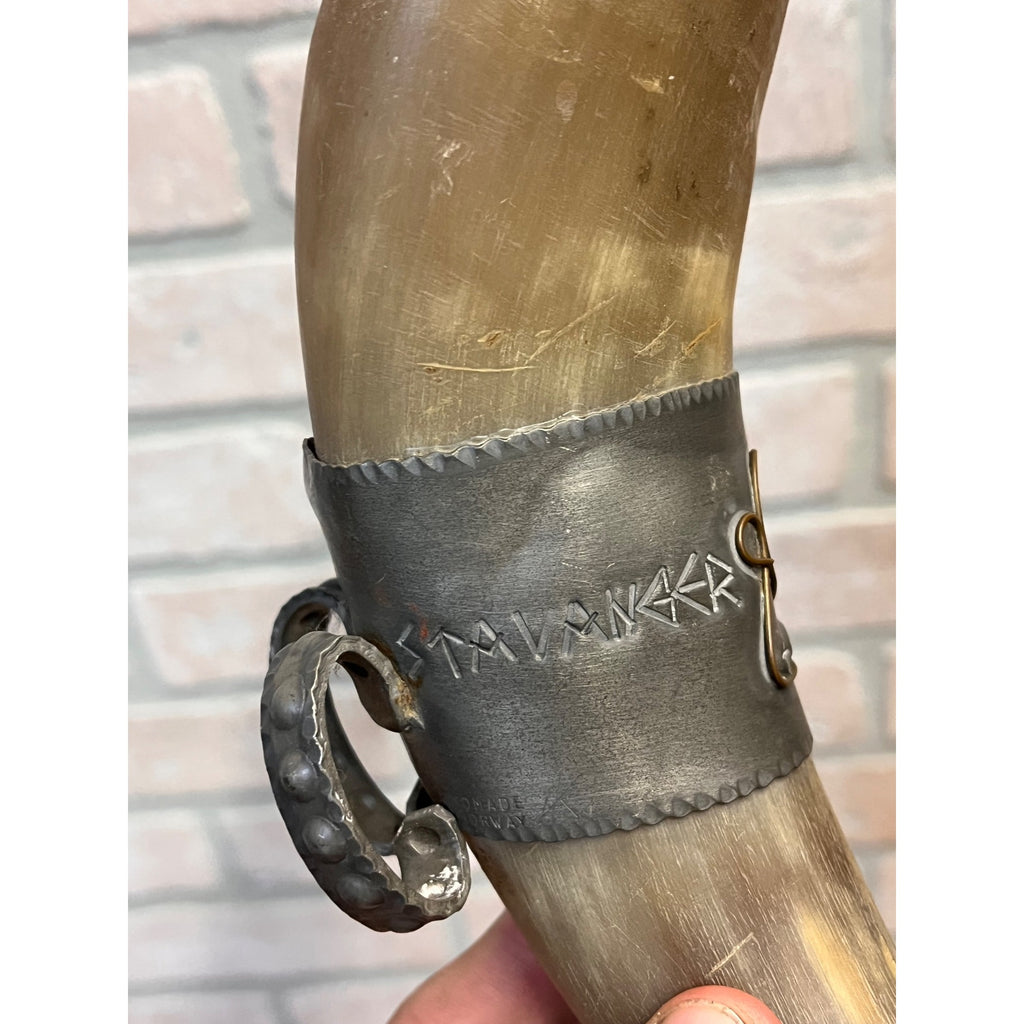 Vintage Norwegian Viking Drinking Horn Travel Souvenir Stavanger Pewter Folk Art