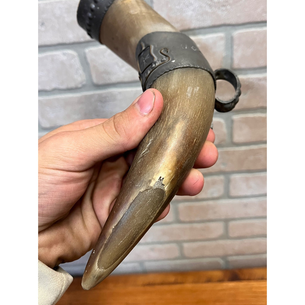 Vintage Norwegian Viking Drinking Horn Travel Souvenir Stavanger Pewter Folk Art