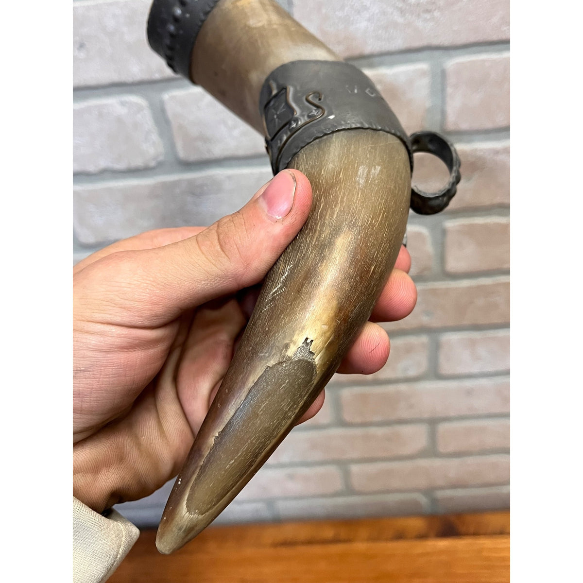 Vintage Norwegian Viking Drinking Horn Travel Souvenir Stavanger Pewter Folk Art