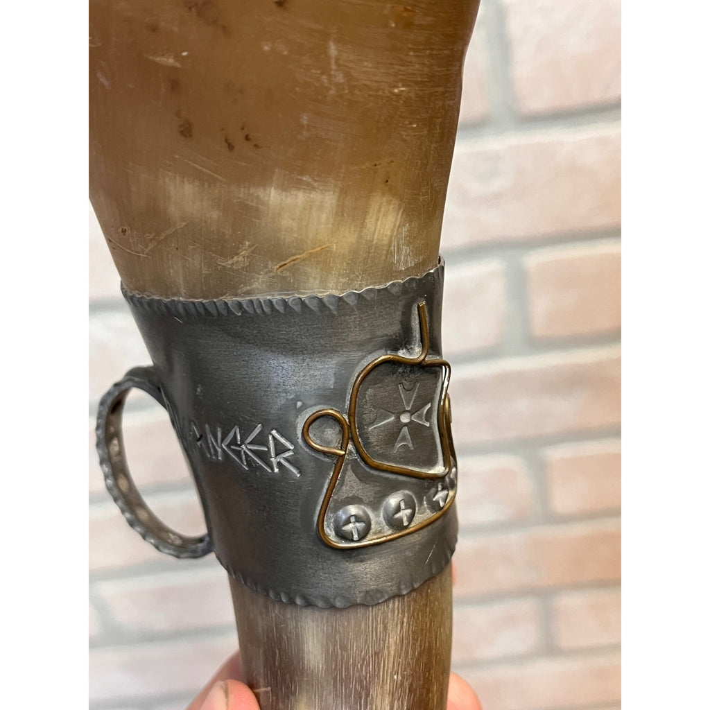 Vintage Norwegian Viking Drinking Horn Travel Souvenir Stavanger Pewter Folk Art