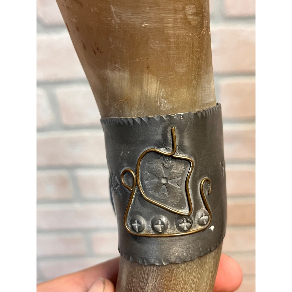 Vintage Norwegian Viking Drinking Horn Travel Souvenir Stavanger Pewter Folk Art