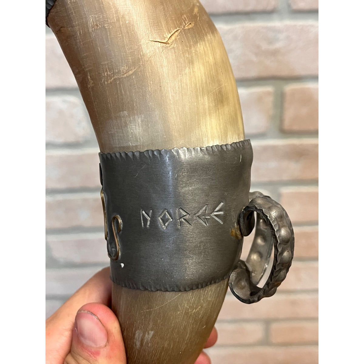 Vintage Norwegian Viking Drinking Horn Travel Souvenir Stavanger Pewter Folk Art