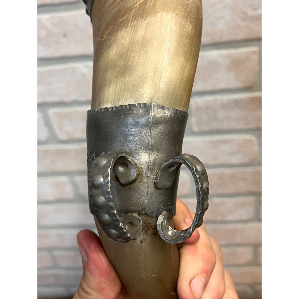 Vintage Norwegian Viking Drinking Horn Travel Souvenir Stavanger Pewter Folk Art