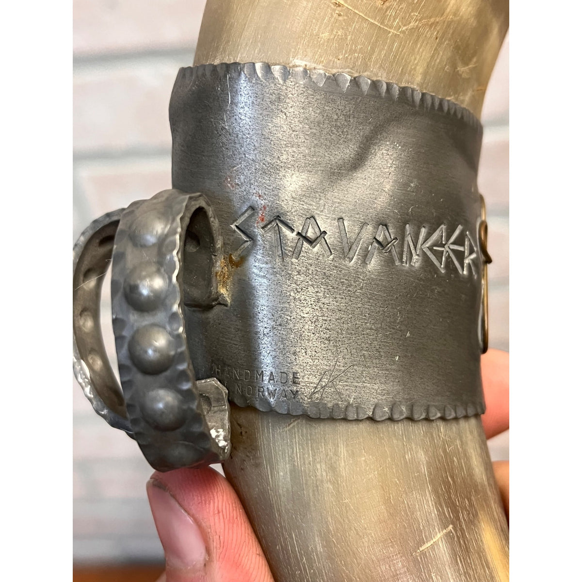 Vintage Norwegian Viking Drinking Horn Travel Souvenir Stavanger Pewter Folk Art