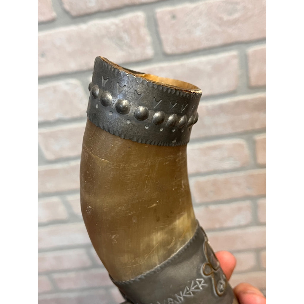 Vintage Norwegian Viking Drinking Horn Travel Souvenir Stavanger Pewter Folk Art