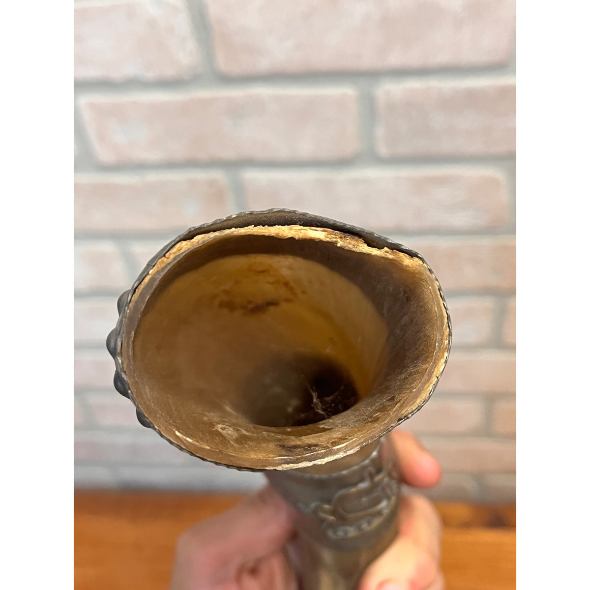 Vintage Norwegian Viking Drinking Horn Travel Souvenir Stavanger Pewter Folk Art