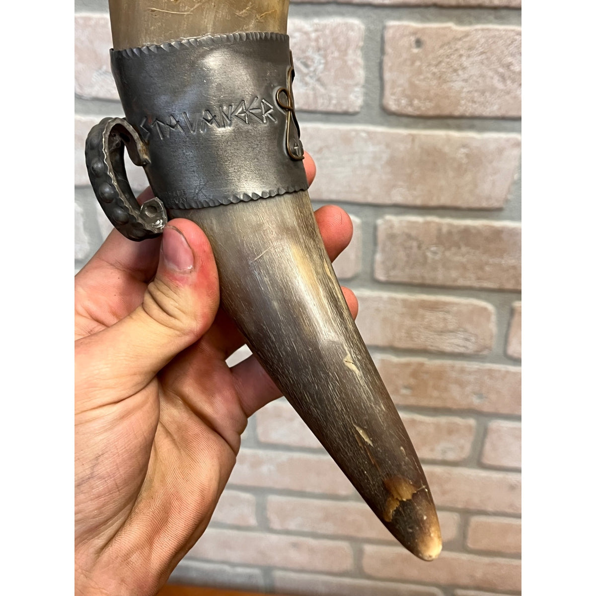 Vintage Norwegian Viking Drinking Horn Travel Souvenir Stavanger Pewter Folk Art