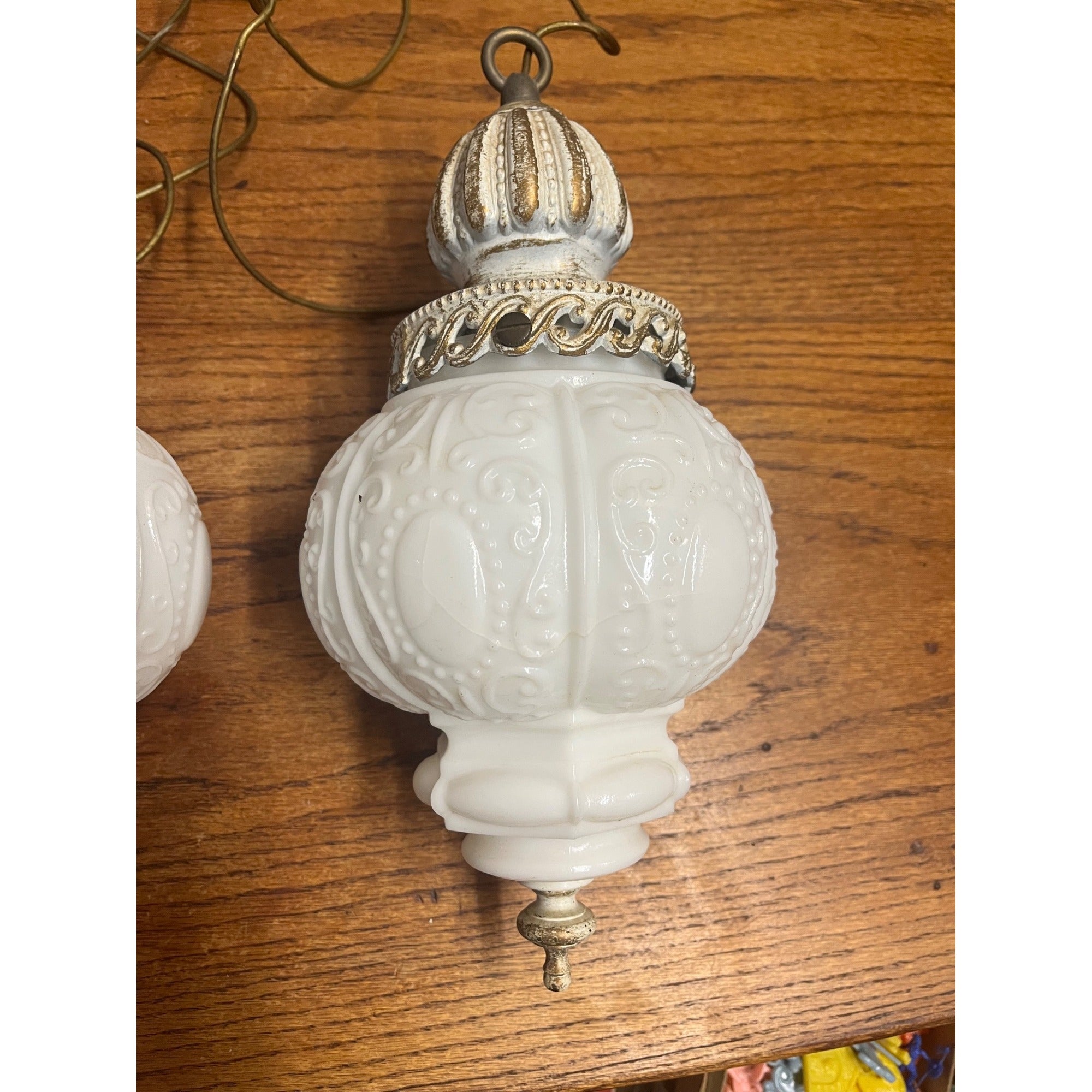 Pair Vintage Hollywood Regency Milk Glass Hanging Pendant Swag Lights Fixtures MCM 1960s-70s Retro Decorative