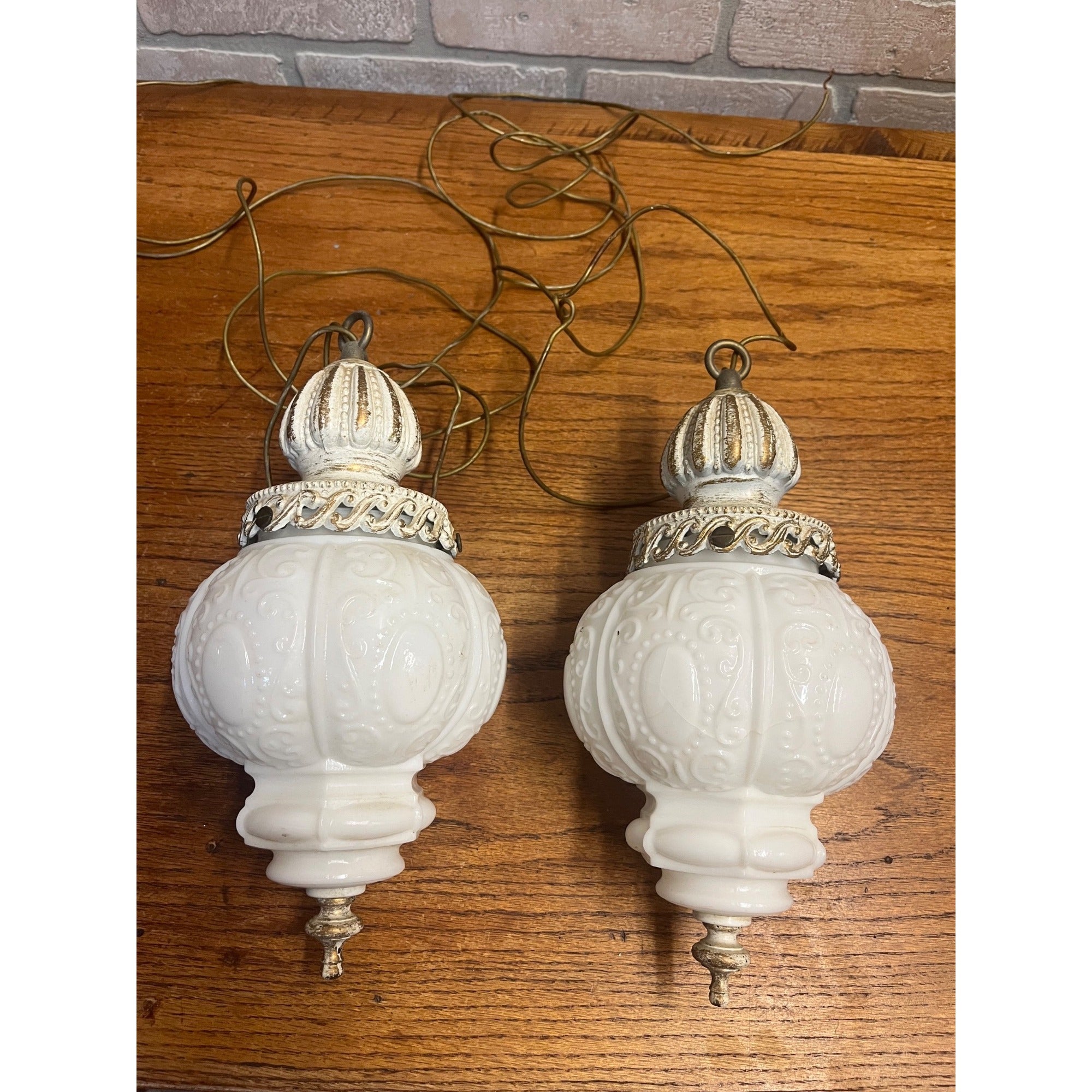 Pair Vintage Hollywood Regency Milk Glass Hanging Pendant Swag Lights Fixtures MCM 1960s-70s Retro Decorative