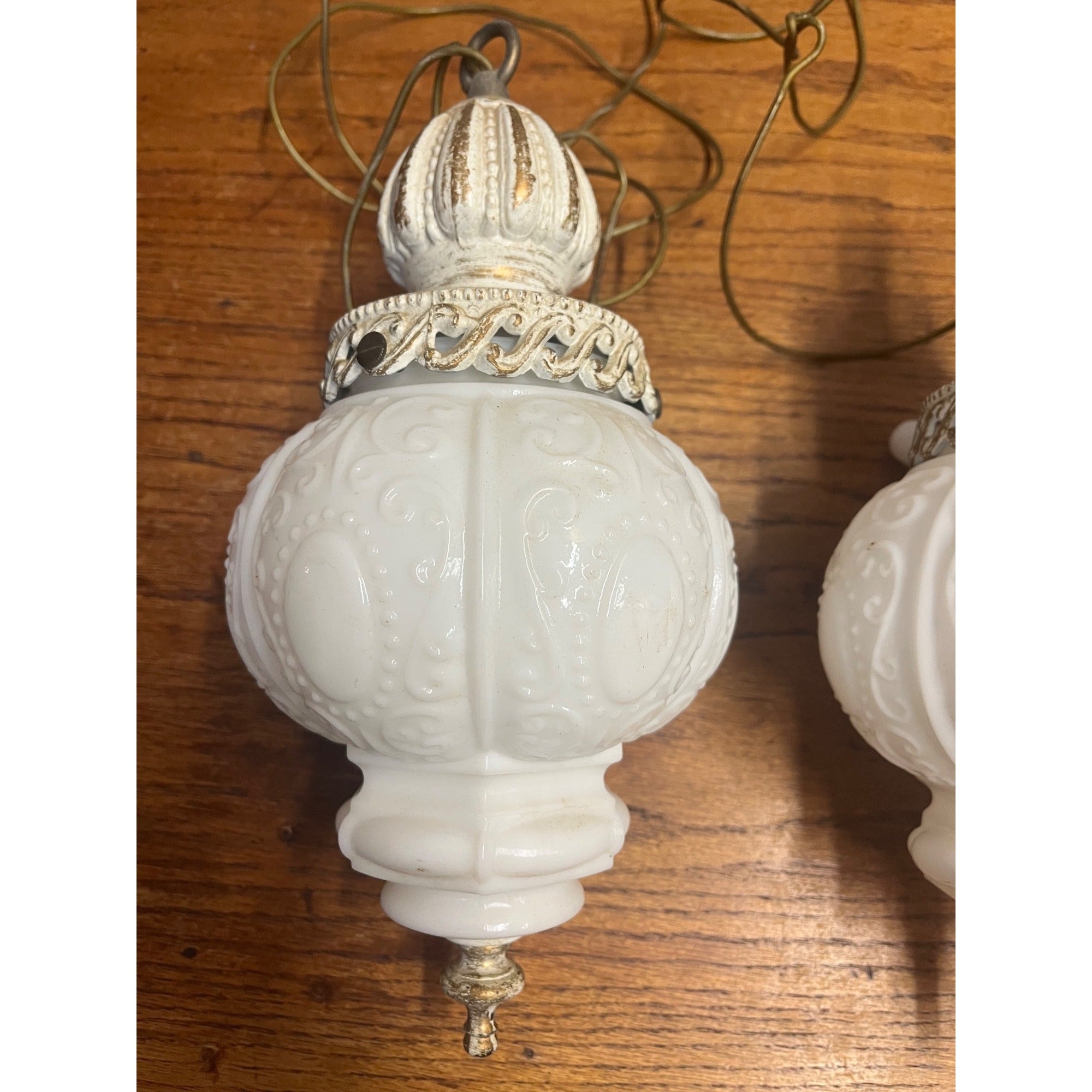 Pair Vintage Hollywood Regency Milk Glass Hanging Pendant Swag Lights Fixtures MCM 1960s-70s Retro Decorative