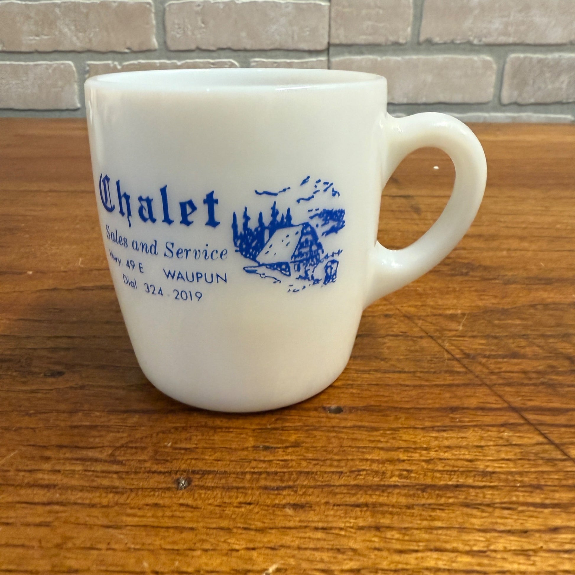Vintage Waupun Wis Chalet Advertising Milk Glass Mug Coffee Cup